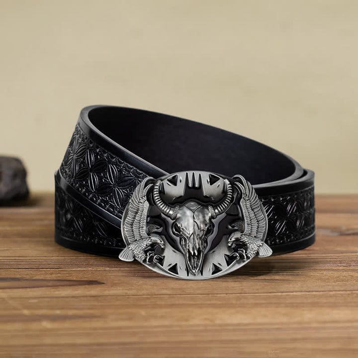 Men's DIY Vintage Bull & Dual Eagles Buckle Leather Belt