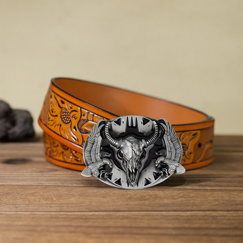 Men's DIY Vintage Bull & Dual Eagles Buckle Leather Belt