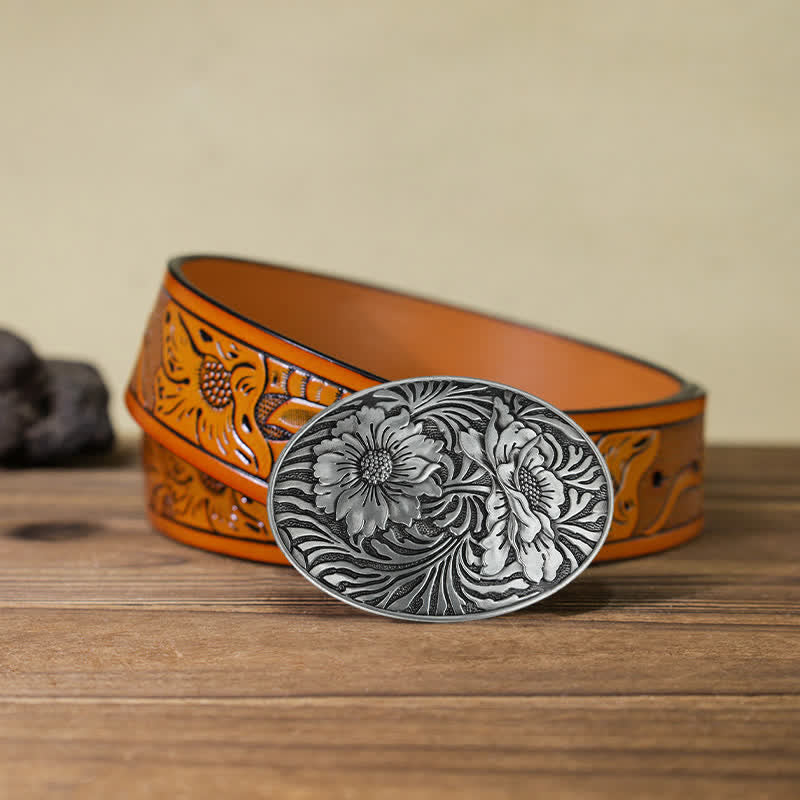 Men's DIY Oval Western Floral Buckle Leather Belt