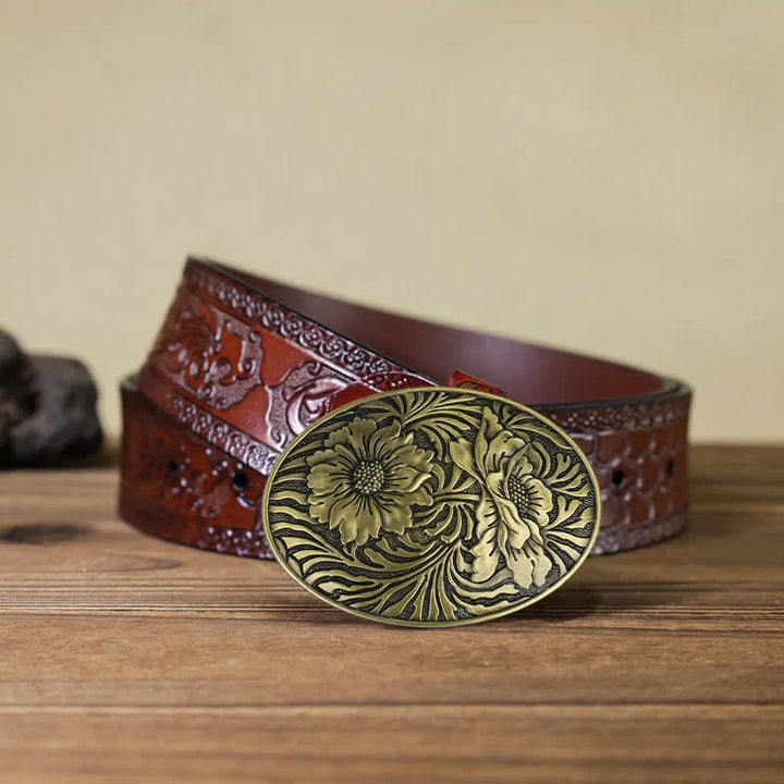 Men's DIY Oval Western Floral Buckle Leather Belt