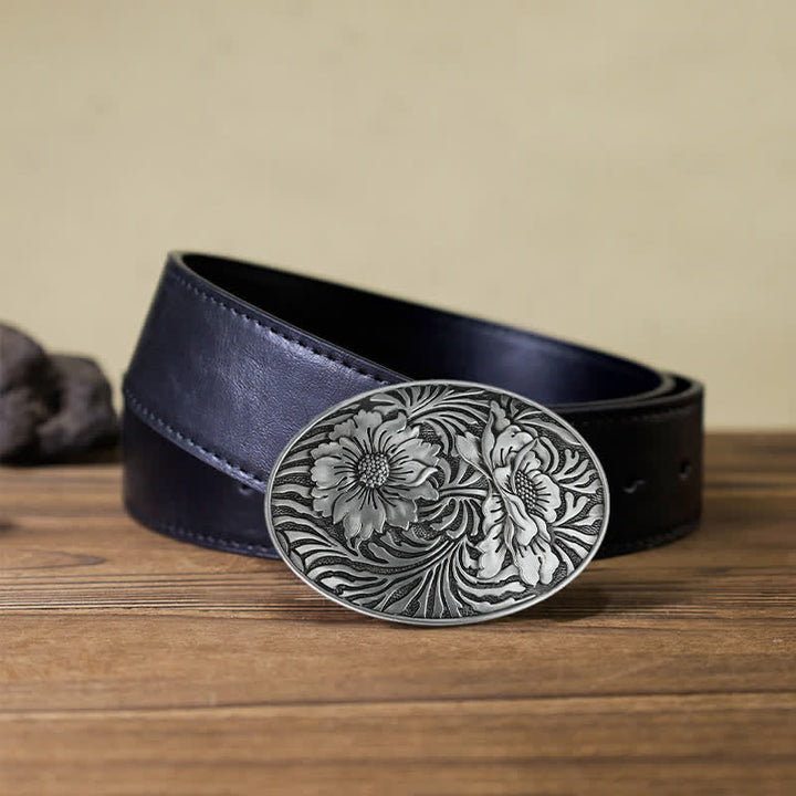 Men's DIY Oval Western Floral Buckle Leather Belt