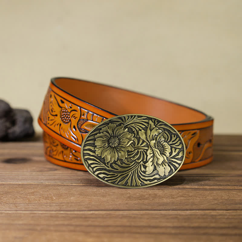 Men's DIY Oval Western Floral Buckle Leather Belt