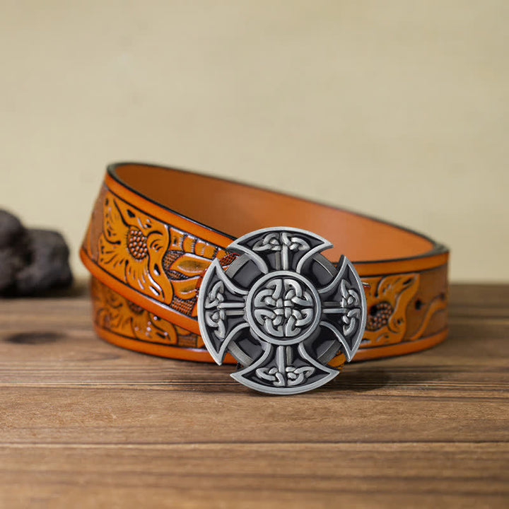 Men's DIY Viking Celtic Cross Knot Buckle Leather Belt