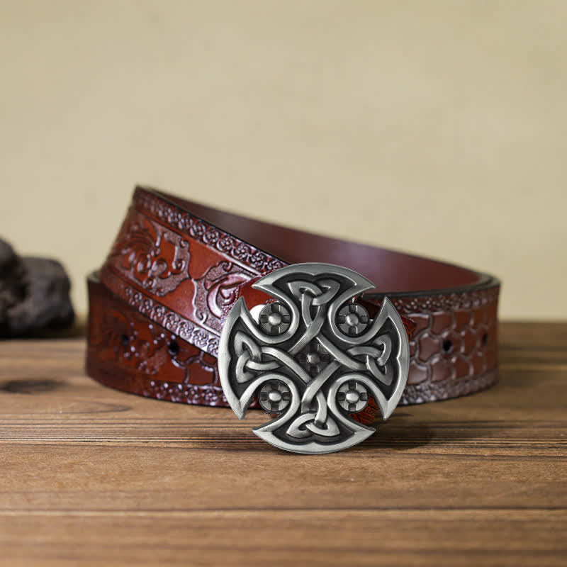 Men's DIY Viking Celtic Cross Knot Buckle Leather Belt