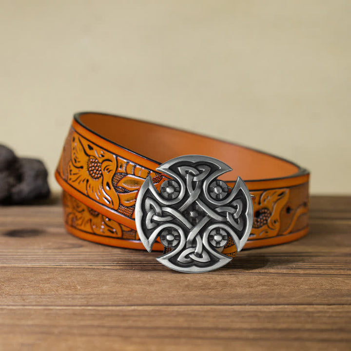 Men's DIY Viking Celtic Cross Knot Buckle Leather Belt