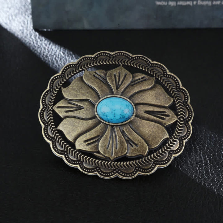 Men's DIY Turquoise Inlaid Floral Buckle Leather Belt