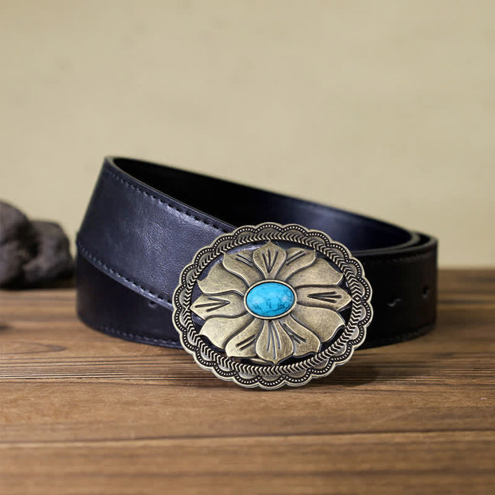 Men's DIY Turquoise Inlaid Floral Buckle Leather Belt