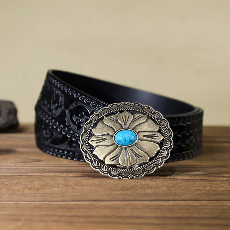 Men's DIY Turquoise Inlaid Floral Buckle Leather Belt