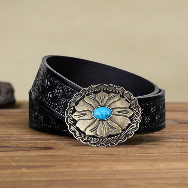 Men's DIY Turquoise Inlaid Floral Buckle Leather Belt