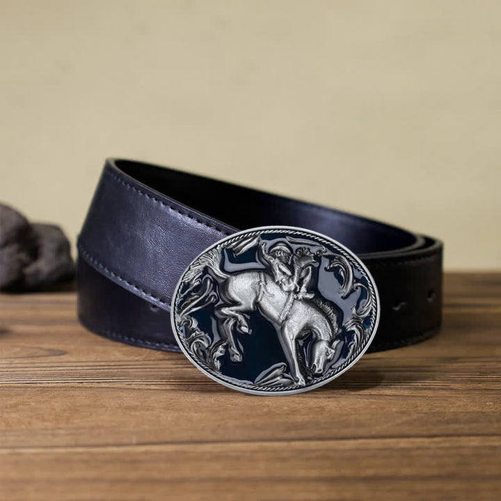 Men's DIY Blue Enamel Horse Riding Buckle Leather Belt