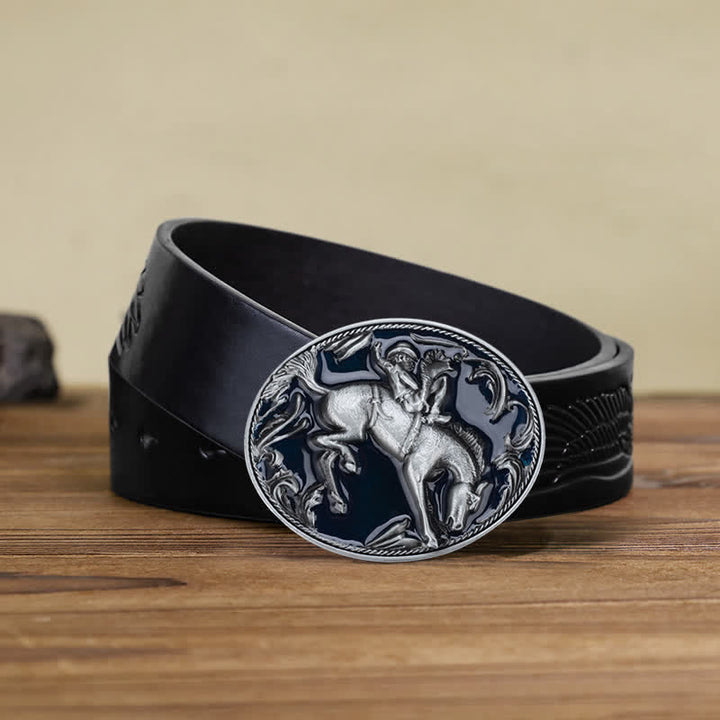 Men's DIY Blue Enamel Horse Riding Buckle Leather Belt