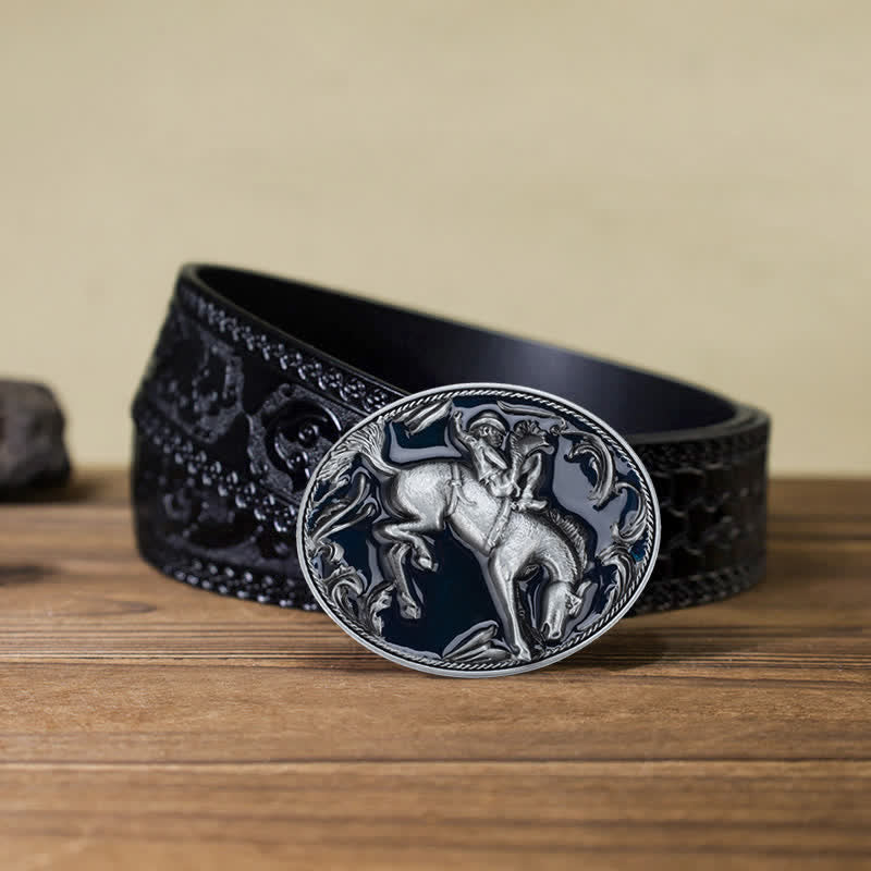 Men's DIY Blue Enamel Horse Riding Buckle Leather Belt