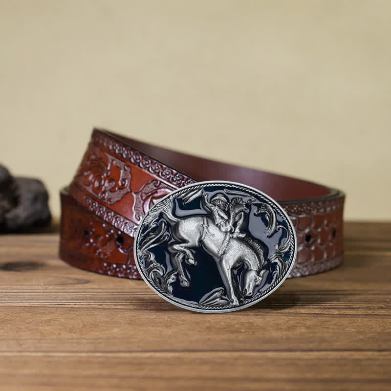 Men's DIY Blue Enamel Horse Riding Buckle Leather Belt