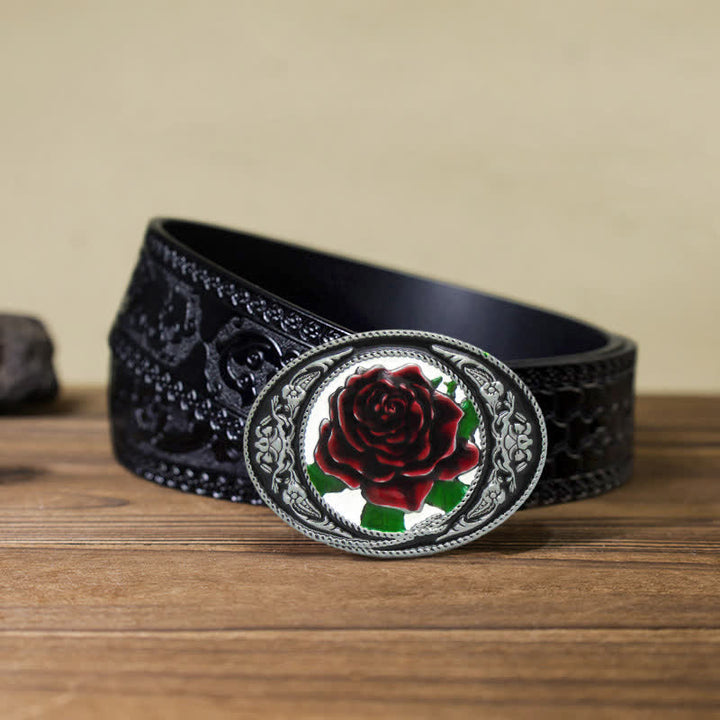 Men's DIY Western Colorful Rose Buckle Leather Belt