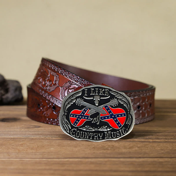 Men's DIY Country Music Guitar Bull Buckle Leather Belt