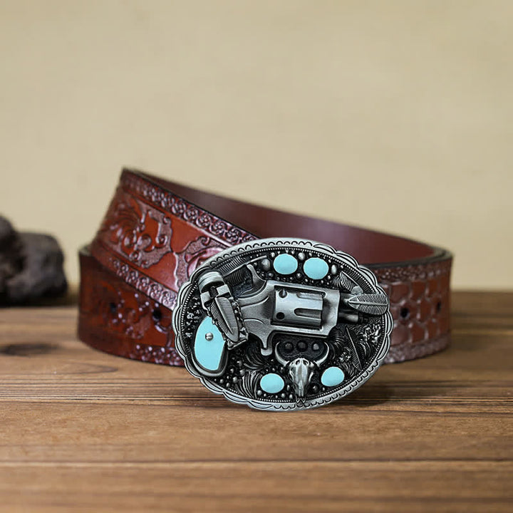 Men's DIY Pistol Bull Head Buckle Leather Belt