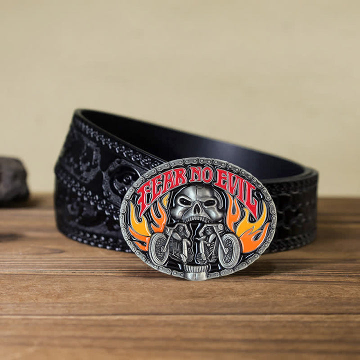 Men's DIY Fear No Evil Skull Motorcycle Buckle Leather Belt