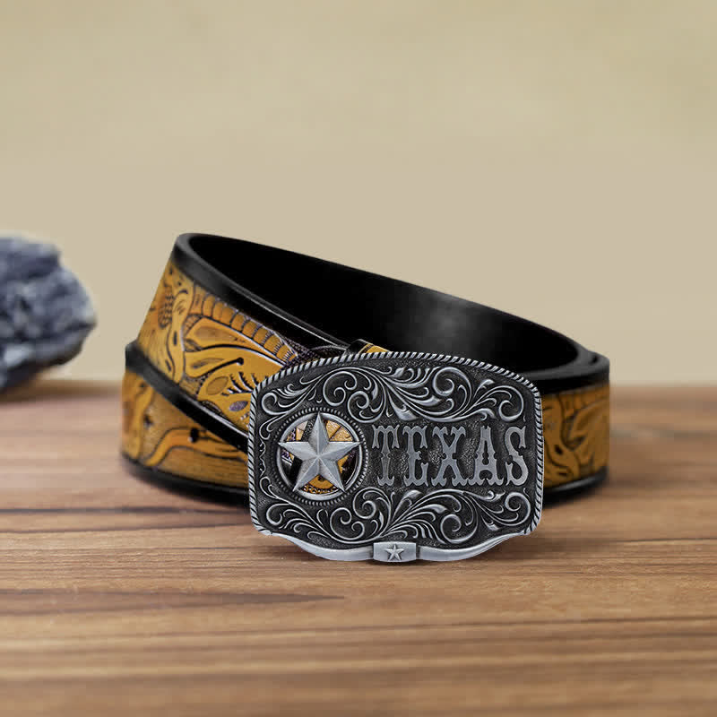 Men's DIY Texas Hollow Pentagrame Buckle Leather Belt