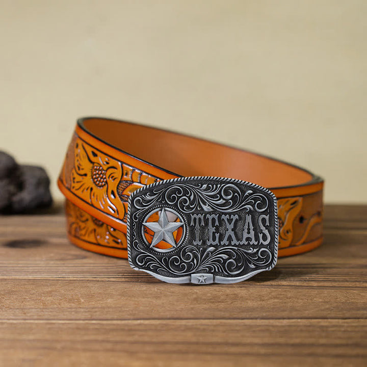 Men's DIY Texas Hollow Pentagrame Buckle Leather Belt