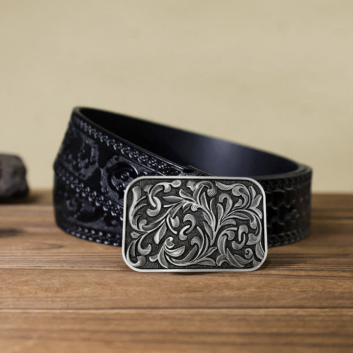 Men's DIY Art Leaves Scrollwork Buckle Leather Belt