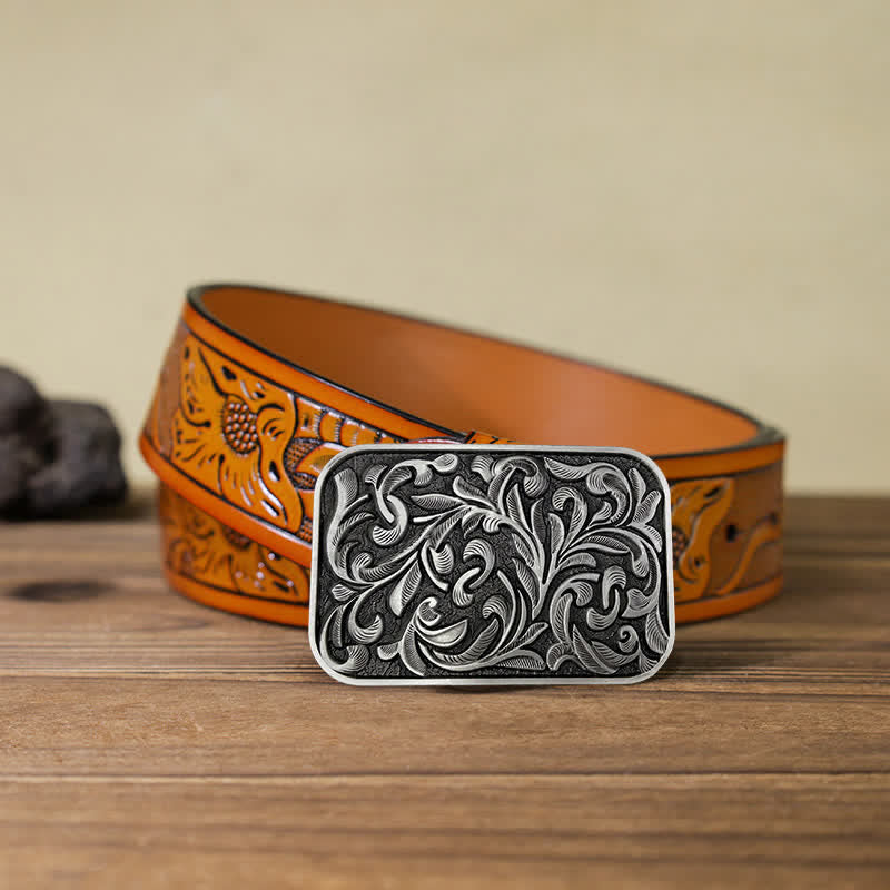 Men's DIY Art Leaves Scrollwork Buckle Leather Belt