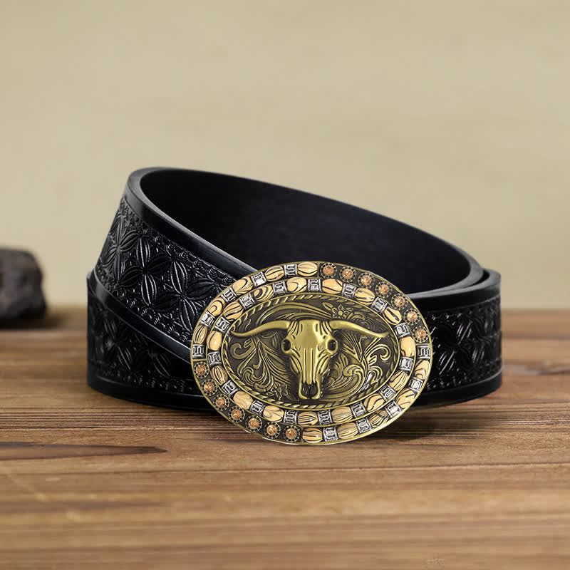 Men's DIY Gold Bull Head Beads Decor Buckle Leather Belt