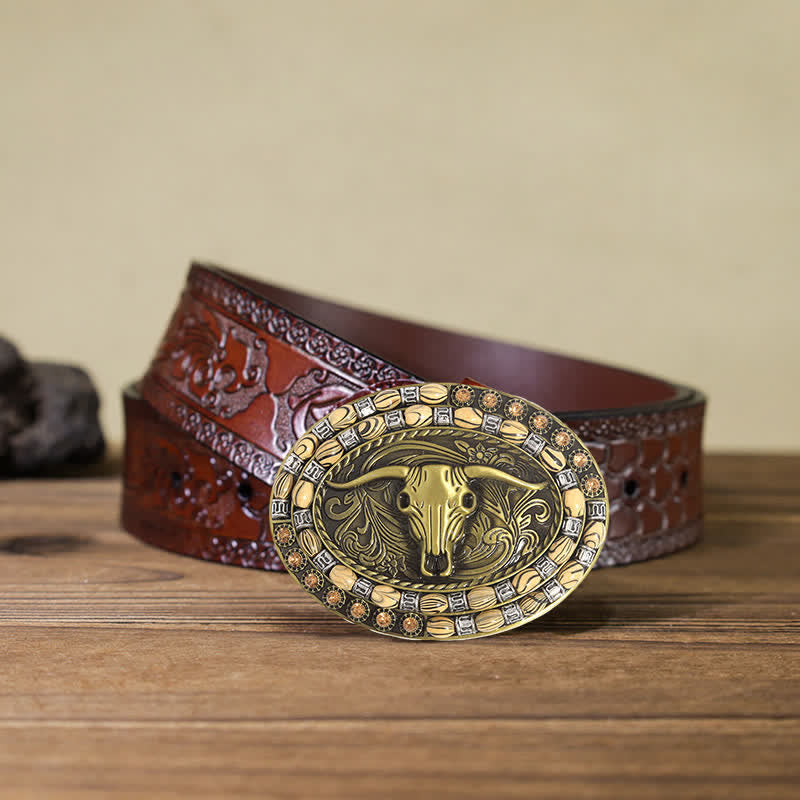 Men's DIY Gold Bull Head Beads Decor Buckle Leather Belt