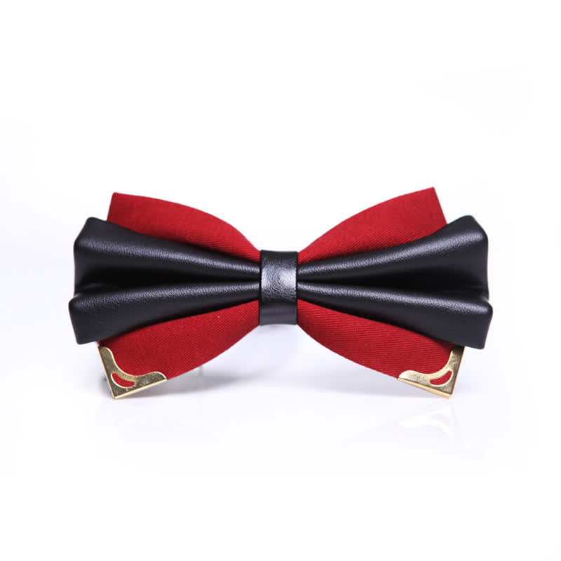 Men's Double Layer Faux Leather Golden Tipped Bow Tie