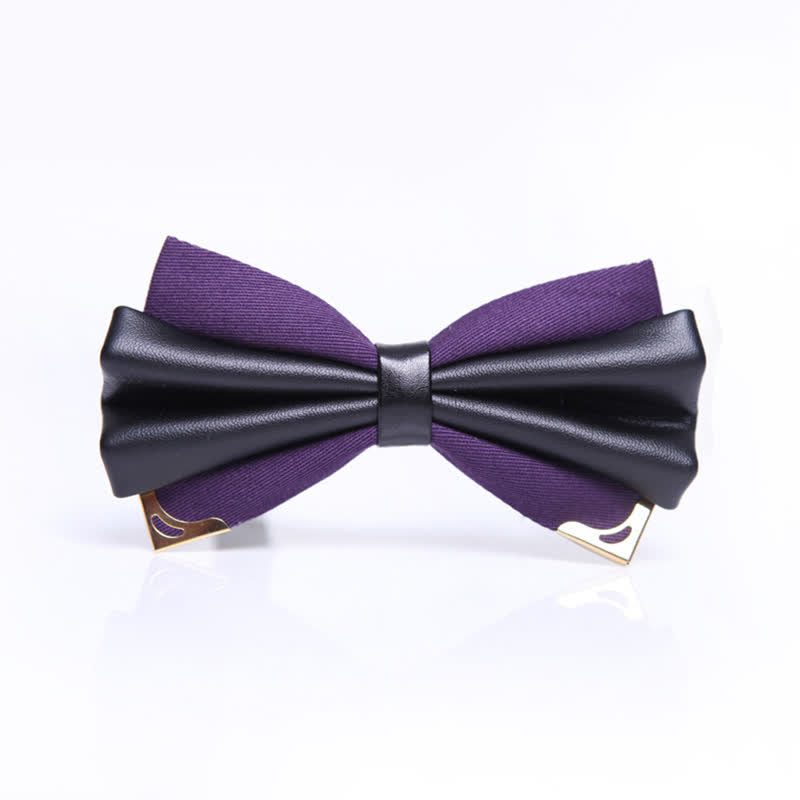 Men's Double Layer Faux Leather Golden Tipped Bow Tie