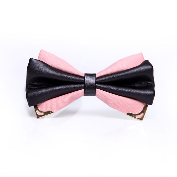 Men's Double Layer Faux Leather Golden Tipped Bow Tie