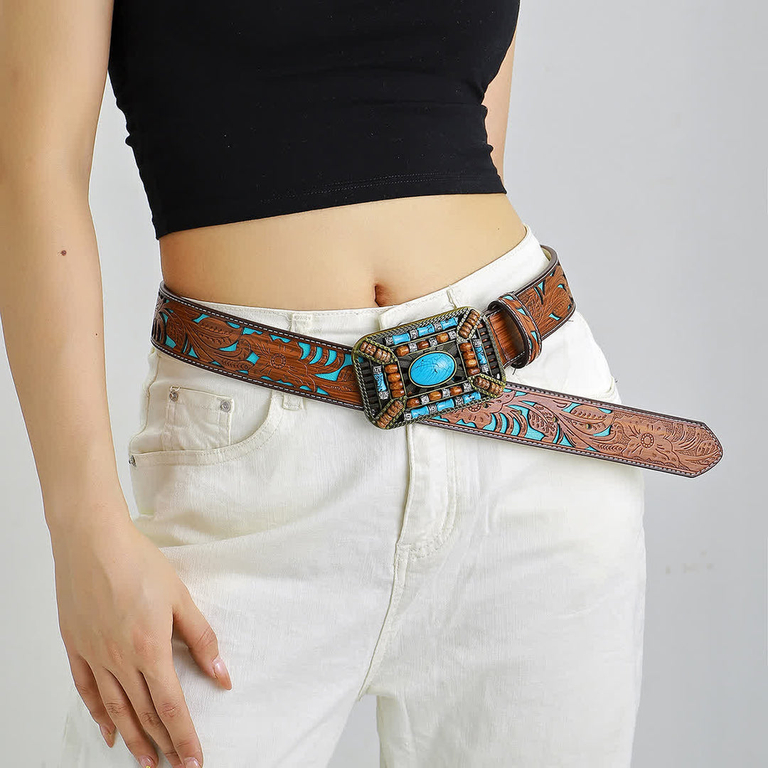 Women's Turquoise Wood Bead Buckle Engraved Leather Belt