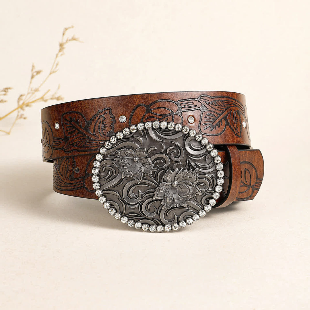 Women's Carved Flower Rhinestone Inlaid Buckle Leather Belt