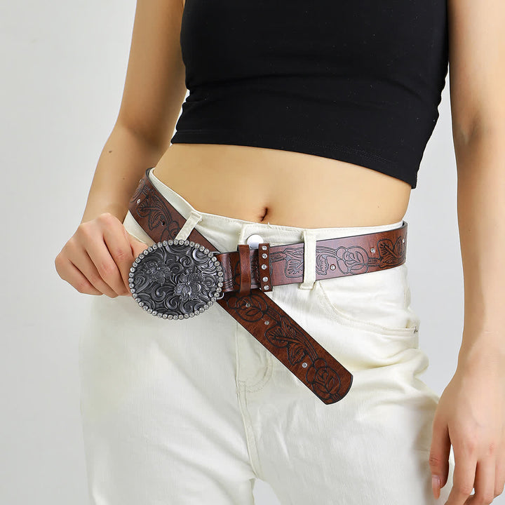 Women's Carved Flower Rhinestone Inlaid Buckle Leather Belt