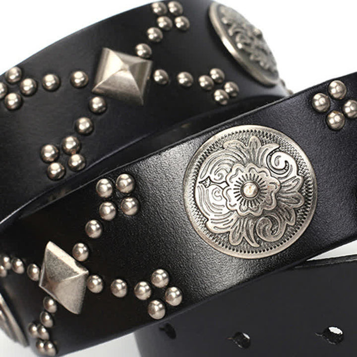 Men's Punk Floral Buckle Rivet Studded Leather Belt