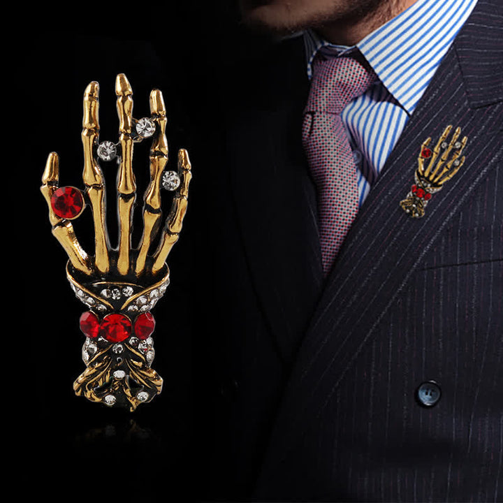 Men's Skeleton Finger Hand Rhinestone Brooch Pin