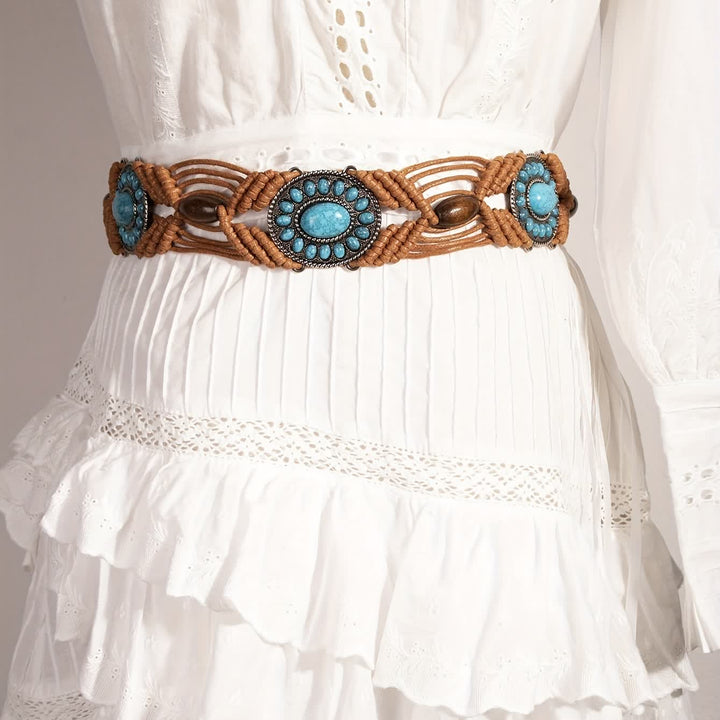 Women's Turquoise Inlaid Bohemian Braided Waist Rope Belt