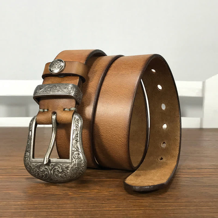 Engraved Floral Indian Element Loop Leather Belt