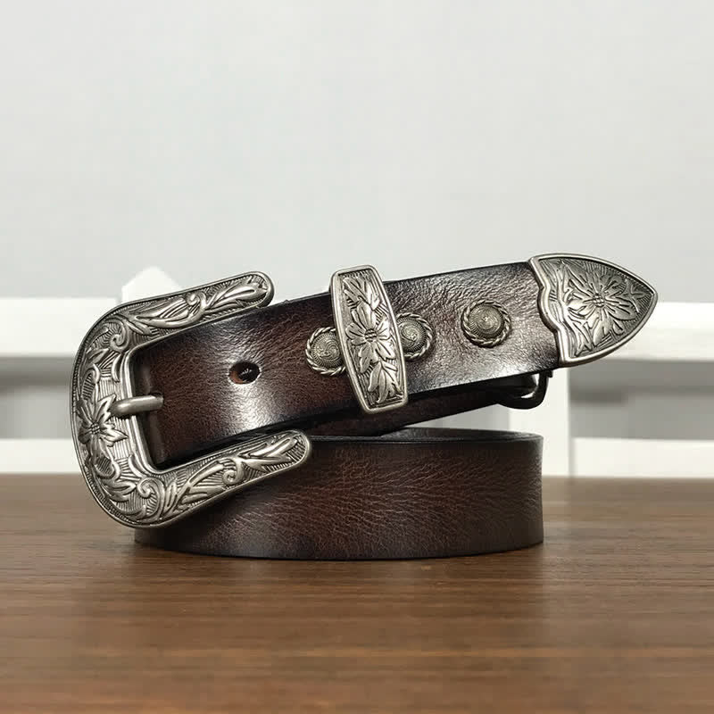 Vintage Carved Flower Buckle Rivet Studded Leather Belt