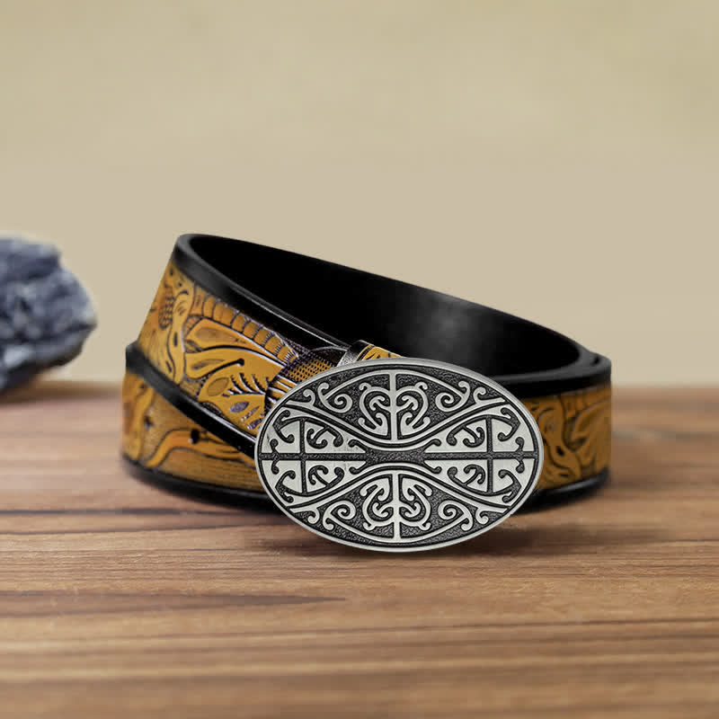 Men's DIY Celtic Cross Pattern Buckle Leather Belt