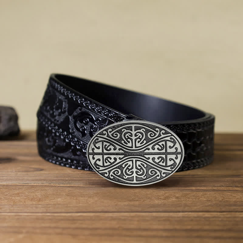 Men's DIY Celtic Cross Pattern Buckle Leather Belt