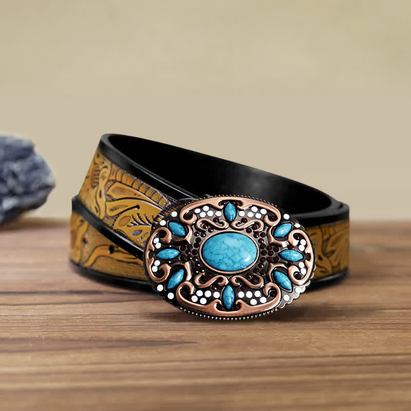 Men's DIY Turquoise Mixed Stones Buckle Leather Belt