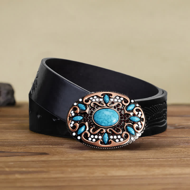 Men's DIY Turquoise Mixed Stones Buckle Leather Belt