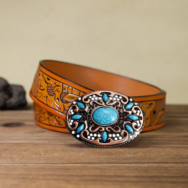 Men's DIY Turquoise Mixed Stones Buckle Leather Belt