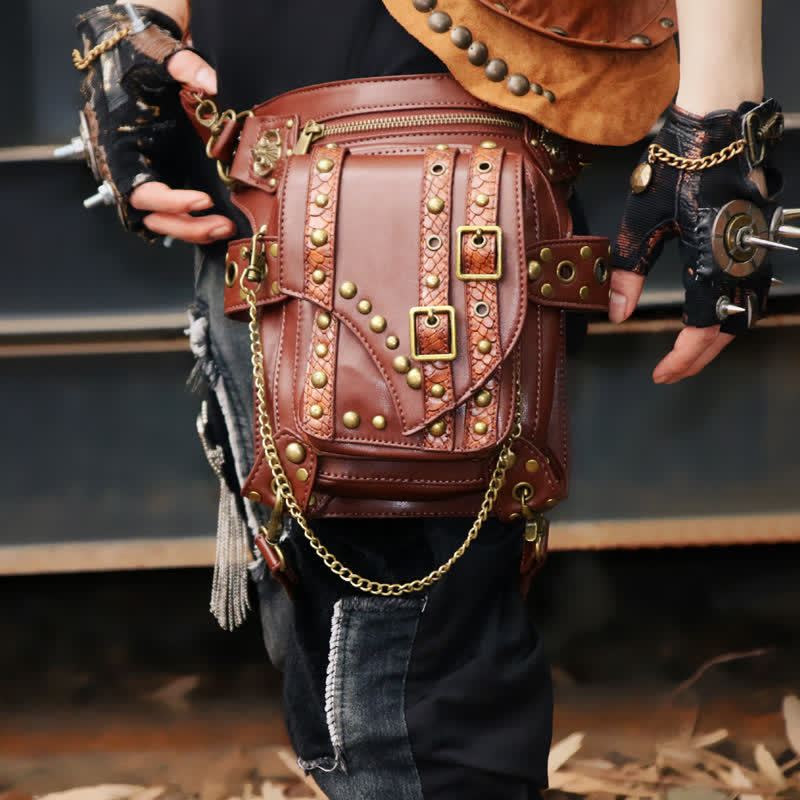 Brown Rock Motorcycle Chain Shoulder Waist Leg Bag