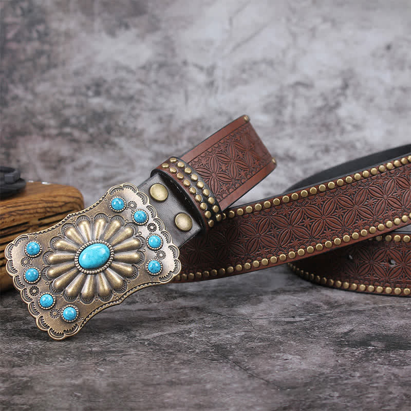 Men's Western Turquoise Stone Embellishment Leather Belt