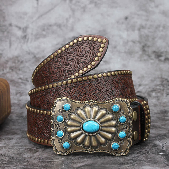 Men's Western Turquoise Stone Embellishment Leather Belt