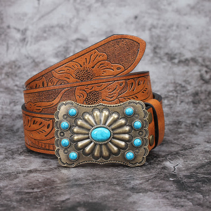 Men's Western Turquoise Stone Embellishment Leather Belt