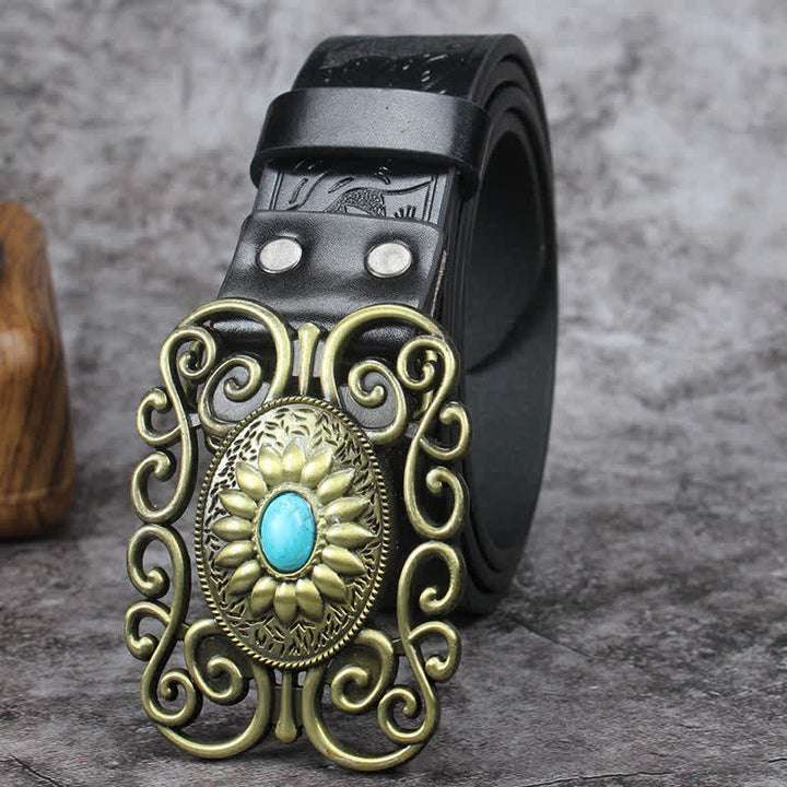 Men's Hollow Out Buckle Turquoise Inlaid Leather Belt