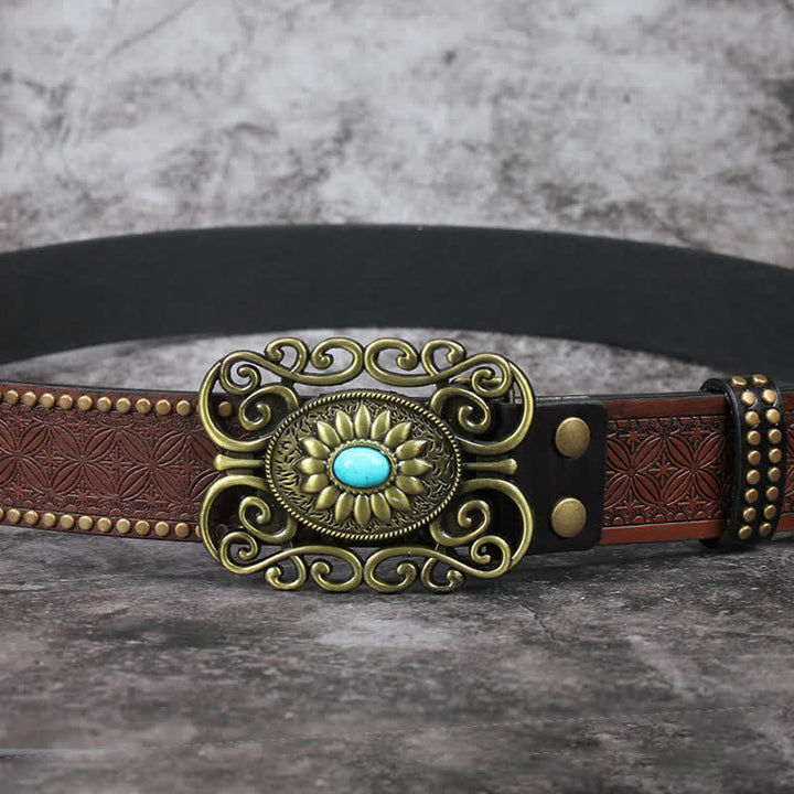 Men's Hollow Out Buckle Turquoise Inlaid Leather Belt