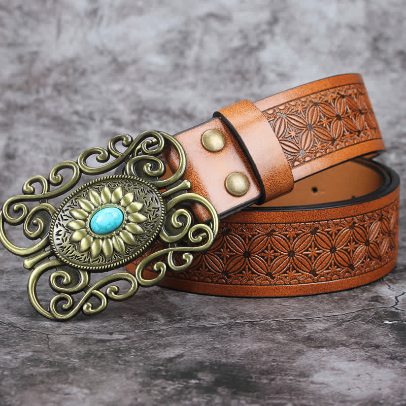 Men's Hollow Out Buckle Turquoise Inlaid Leather Belt